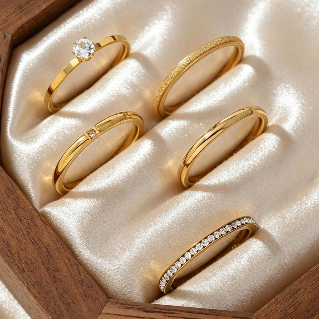 5-Piece Women's Zirconia Ring Set: Elegant Stainless Steel, Matte Finish for Daily Wear & Parties.