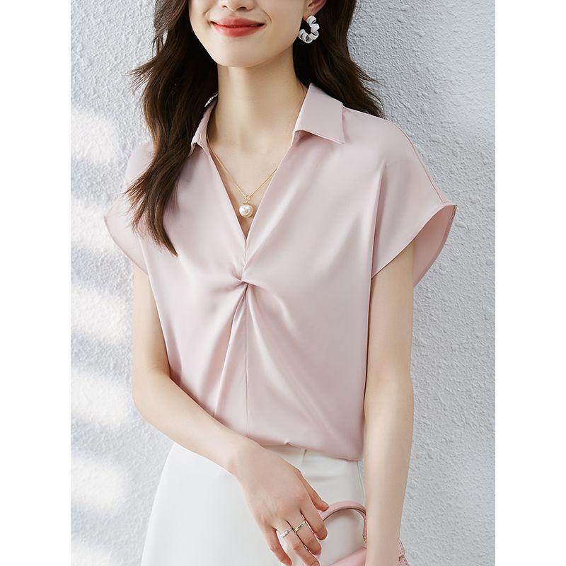 Sweet Summer New Arrival K-style Lake Blue V-neck Satin Fashion Commuter with Shoulder Short Sleeve Shirt Top Easiest for Match Female