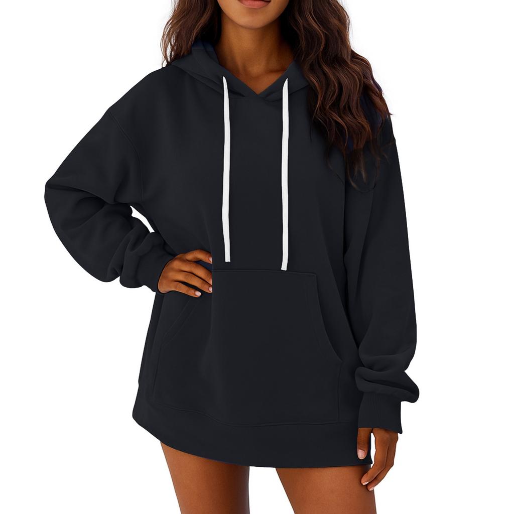 Women's Solid Color Long Sleeved Loose Casual Mid Length Pullover Hoodie Sweatshirt