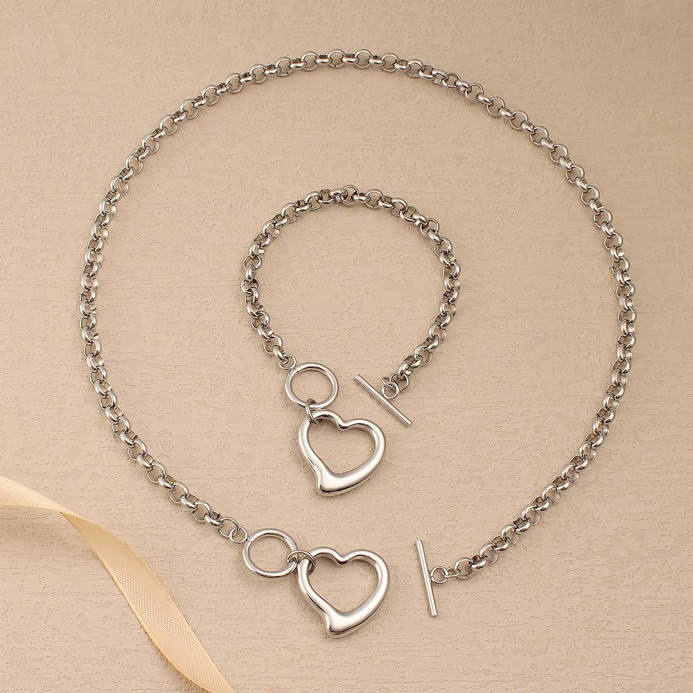 Unisex Stainless Steel Heart Pendant Necklace & Bracelet Set - Minimalist Hip Hop Trend