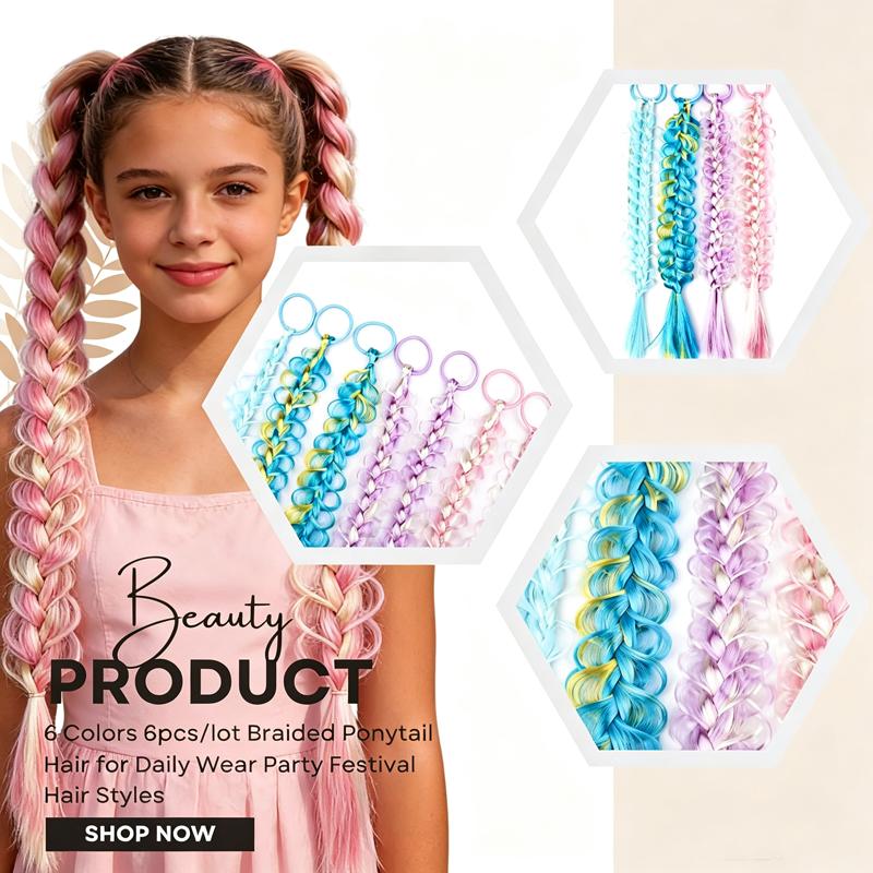 6pcs Braided Ponytail Extension Elastic Band Colorful Synthetic Hair Accessories for Daily Crazy Days Party Halloween Christmas Costume Hair Pieces