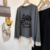 Stilvolles Cartoon-Welpen-Langarm-T-Shirt mit Spitzenbesatz in Übergröße für Damen – Herbst/Winter