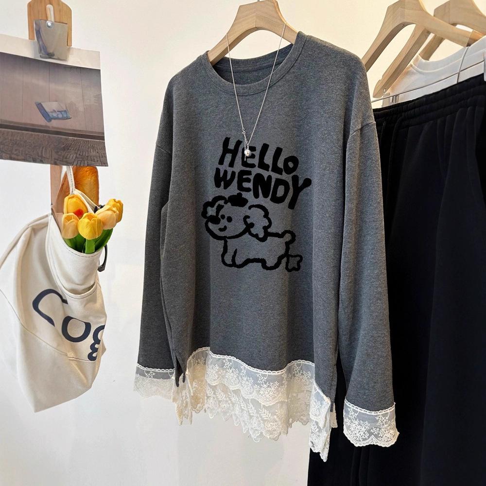 

Stylish Plus Size Cartoon Puppy Lace Hem Long-Sleeve T-Shirt for Women – Autumn/Winter 3XL (up to 110kg) серый