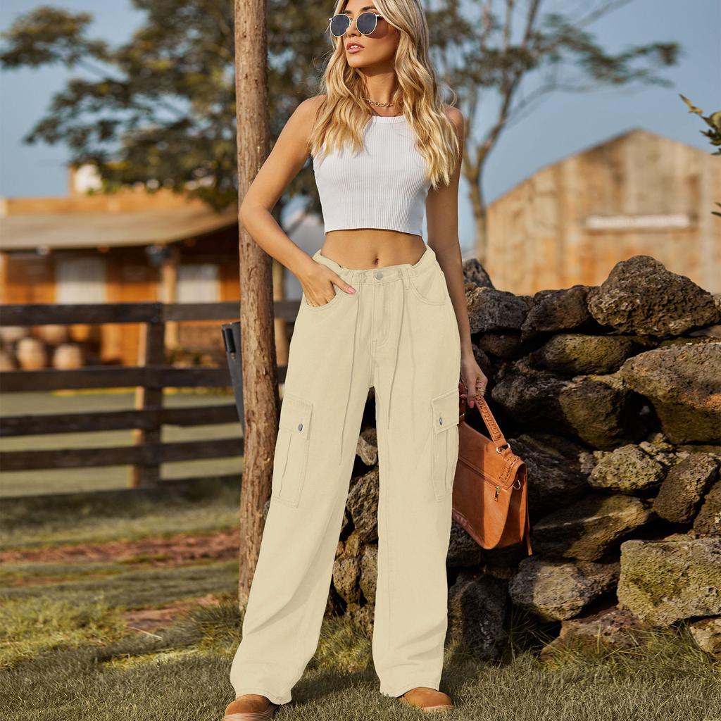 YYFS Women's Fashion Denim Casual Solid Color Print Adjustable Trousers Pants & Capris