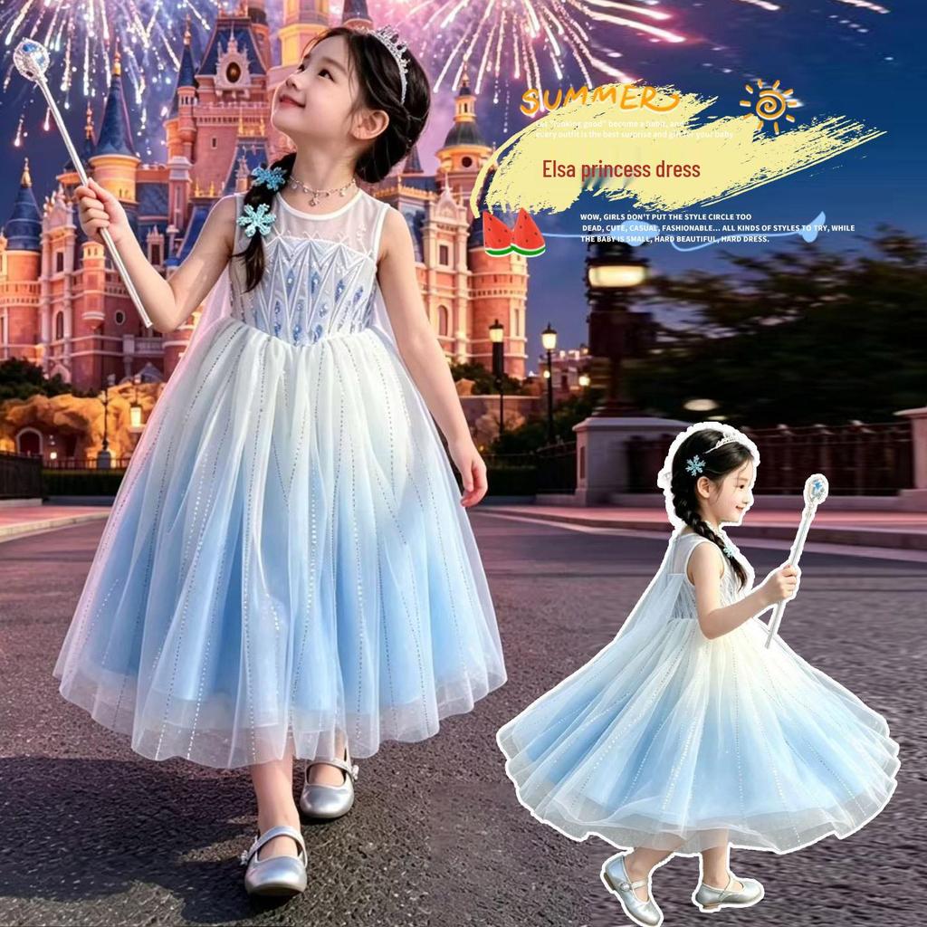 2026 Elsa Princess Dress for Girls - Gradient Ice Blue Rhinestone Cape - Perfect for Performances & Birthday Parties