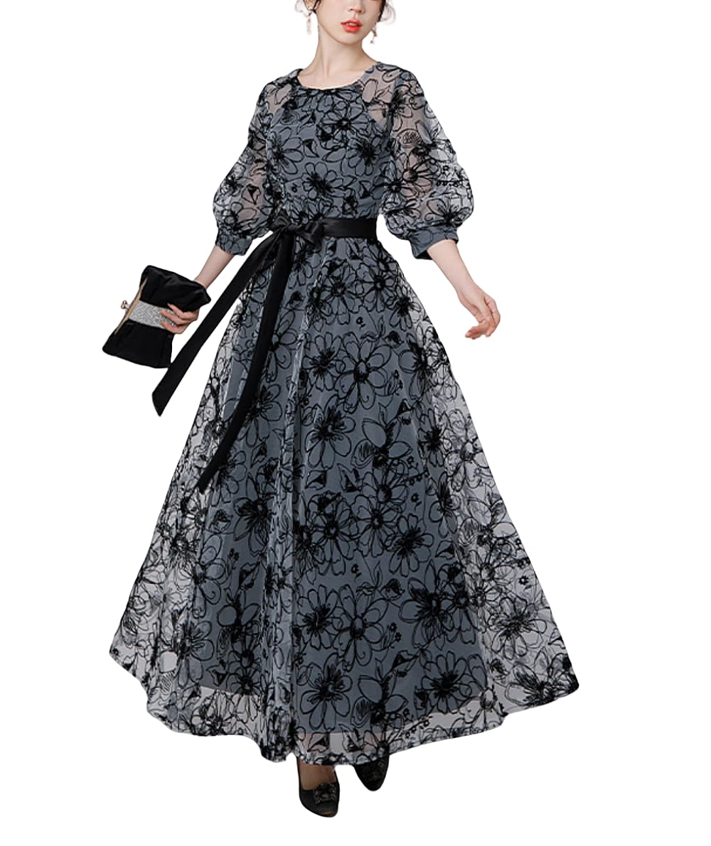 

MATSUMIZUYU Платье женское с цветочным принтом, идеально для вечеринки и по размеру, на подкладке, А-силуэта, длинное, элегантное, формальное, с высокой талией, рукава 3/4, с лентой, чёрный