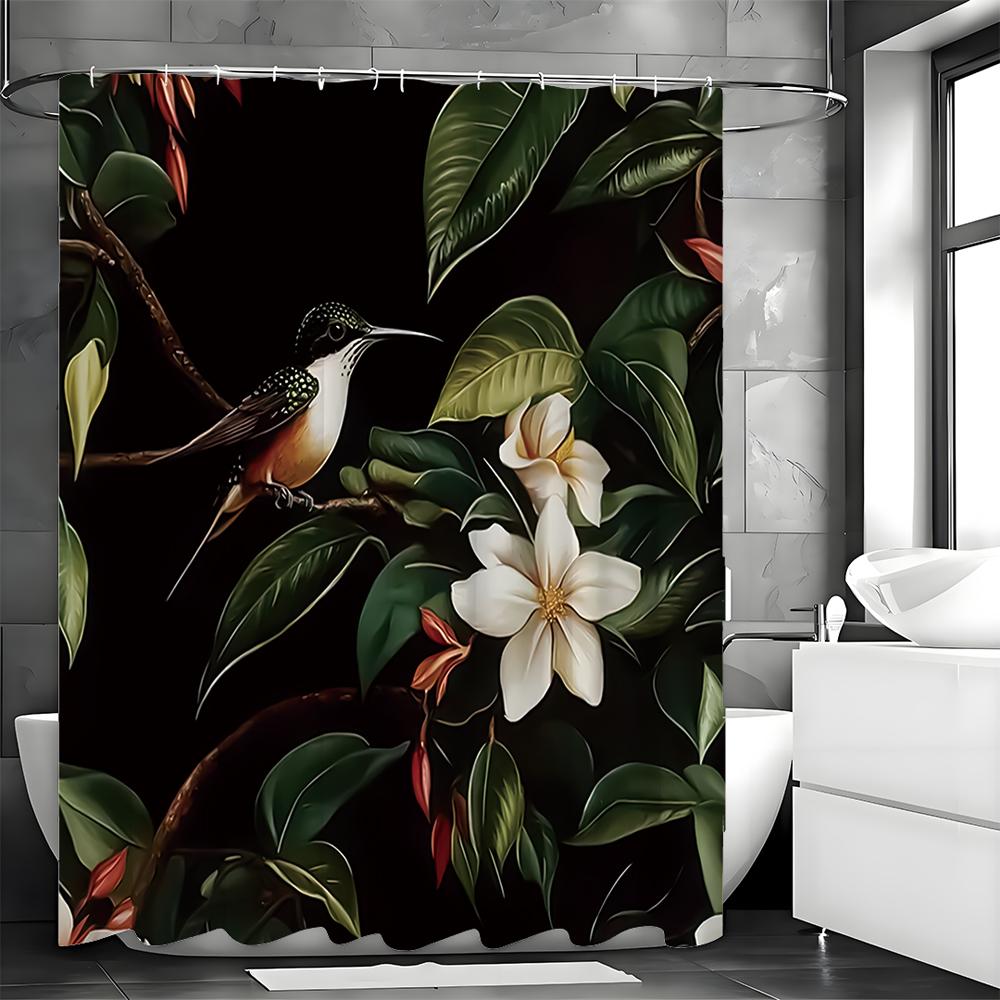 White Floral Hummingbird Leaf Shower Curtain, Bathroom Decorative Shower Curtain, Waterproof Shower Curtain with Hooks