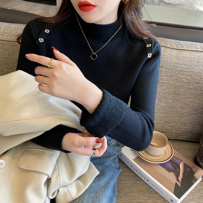 Dámský jednobarevný pulovr s dlouhým rukávem s přidaným sametem a silnou tloušťkou, módní ležérní pletený svetr na podzim a zimu