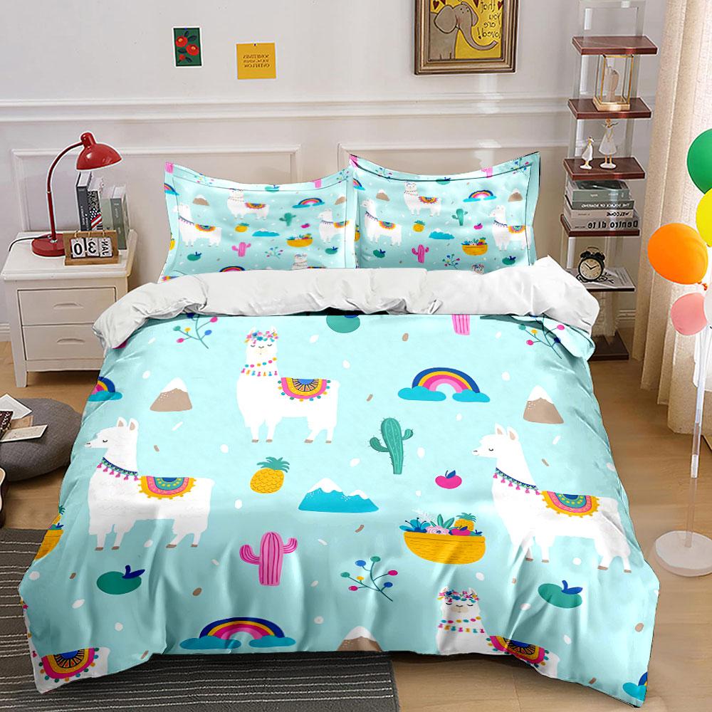 Cute Llama And Cactus Pattern Bedding Duvet Cover Set Duvet Cover Pillowcases (1*Duvet Cover 2*Pillowcases, without duvet insert)