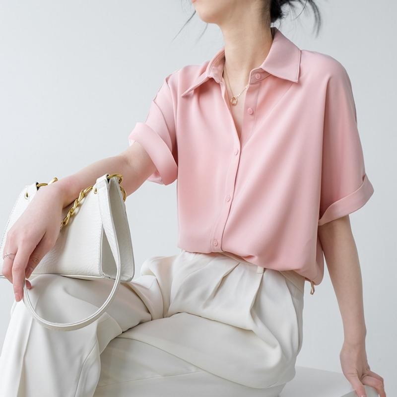 Summer Thin Satin Drape Short Sleeved Shirt Women's Loose and Versatile Design Shirt Top