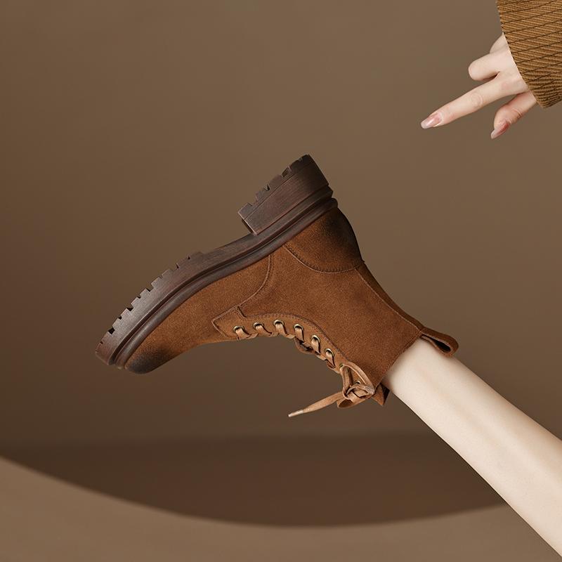 Women Ankle Boots 2024 Cross-Tied Popular Thick Heels Shoes Woman Autumn Winter Cow Suede Leather Casual Outdoor Platform Shoes