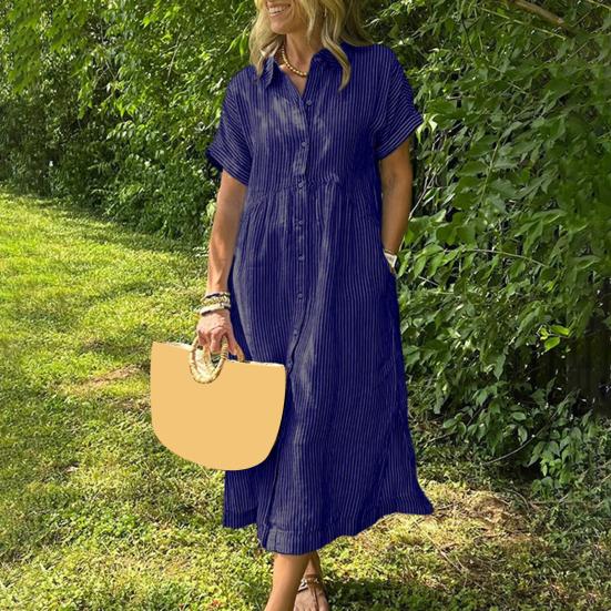 Striped Lapel Button Down Shirt Dress with Pockets Summer Casual Short Sleeve A-line Long