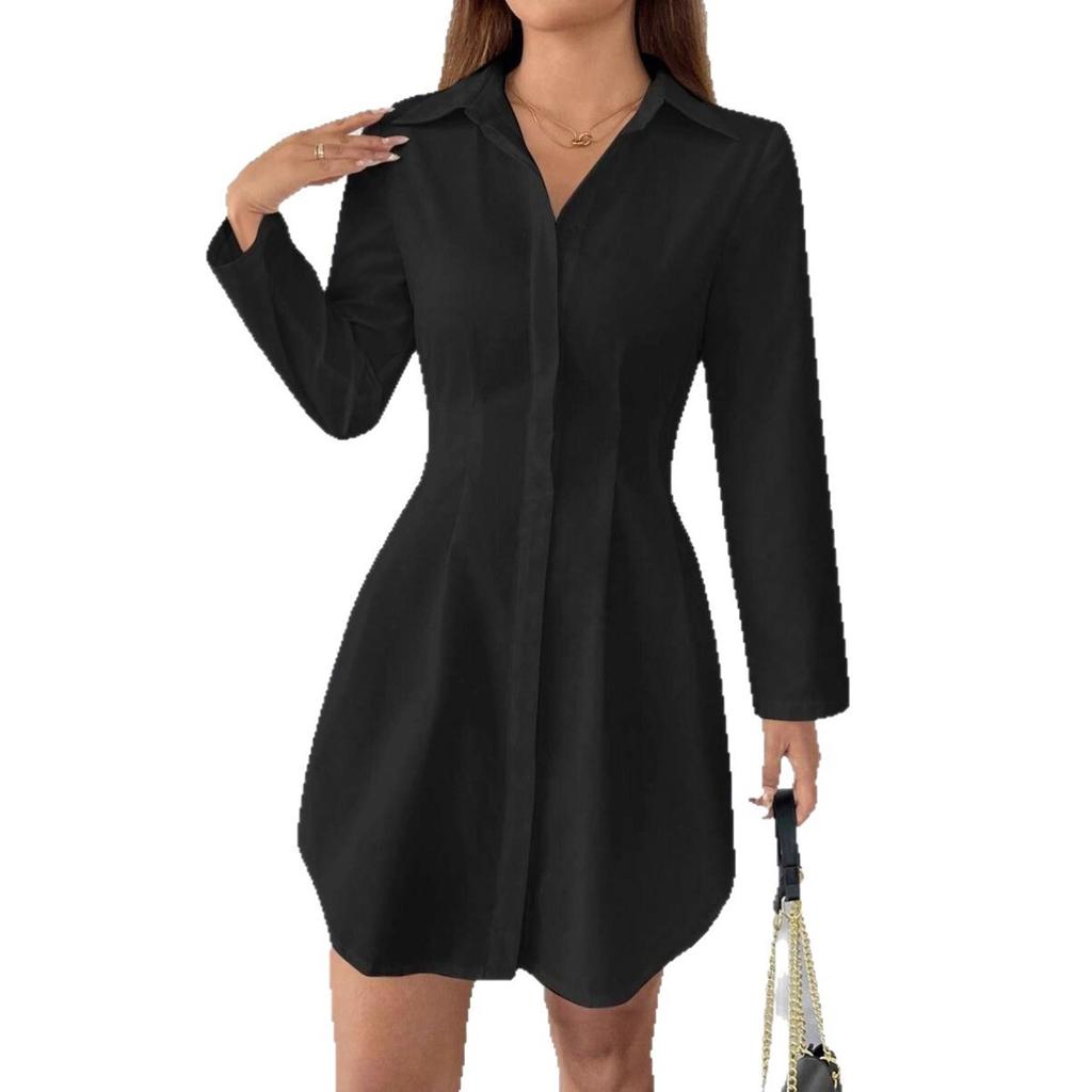 Spring Summer New French British Style Waist Cinched A-Line Solid Color Shirt Dress, Commuter Multi-color Dress