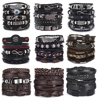 Bracciale da uomo vintage in pelle intrecciata a mano, stile rock hip hop punk, accessori moda da strada neri, set da 6 pezzi
