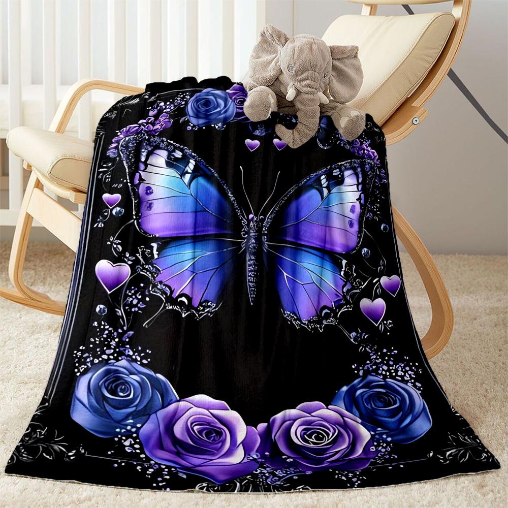 1pc Butterfly and Roses Blanket Soft Comfortable Lightweight All Season Multi Purpose Blanket Travel Camping Picnics Sofa Office Bed Living Room Gift