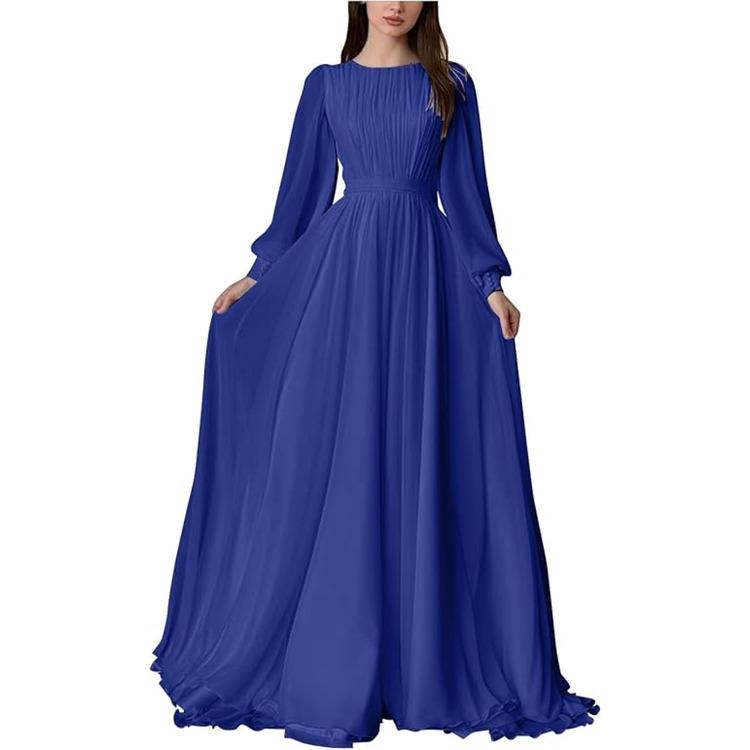 Women White Long Sleeve Pleated Waist Flowy Floor Length Maxi Dress