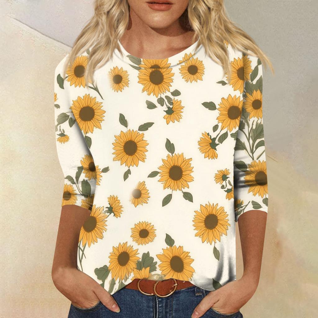 Women's Fashionable Casual Round Neck Three-Quarter Sleeve Printed T-Shirt Top