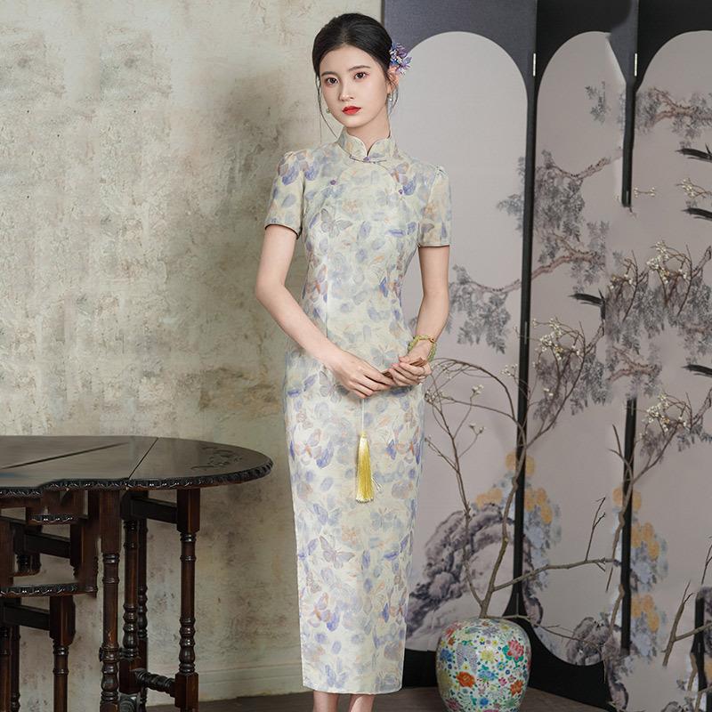 Double placket national style new Chinese long cheongsam improved young new women s retro slim short sleeves summer S