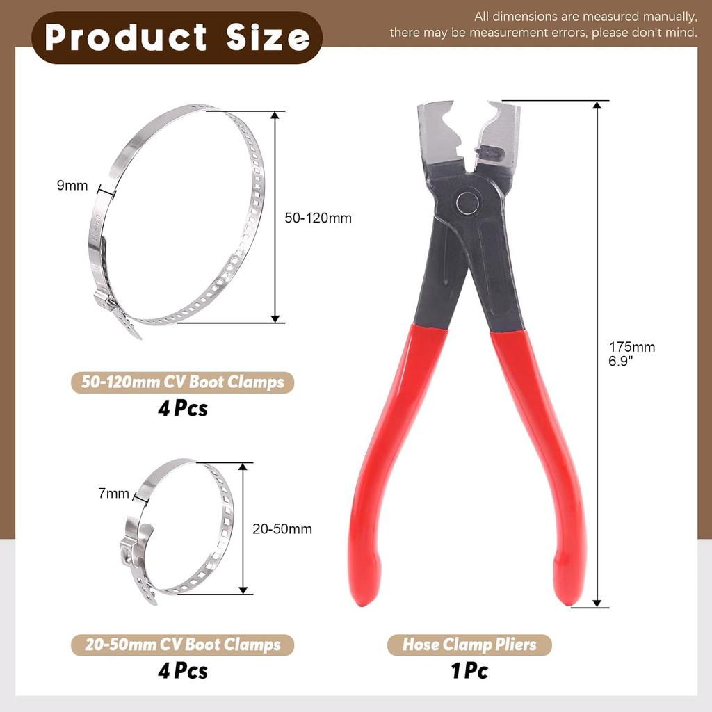 9Pcs Hose Clamp Pliers With CV Boot Clamp Kit, Small And Large Stainless Steel Universal Adjustable Drive Shaft CV Boot Crimp Clamp Clic-R Collar
