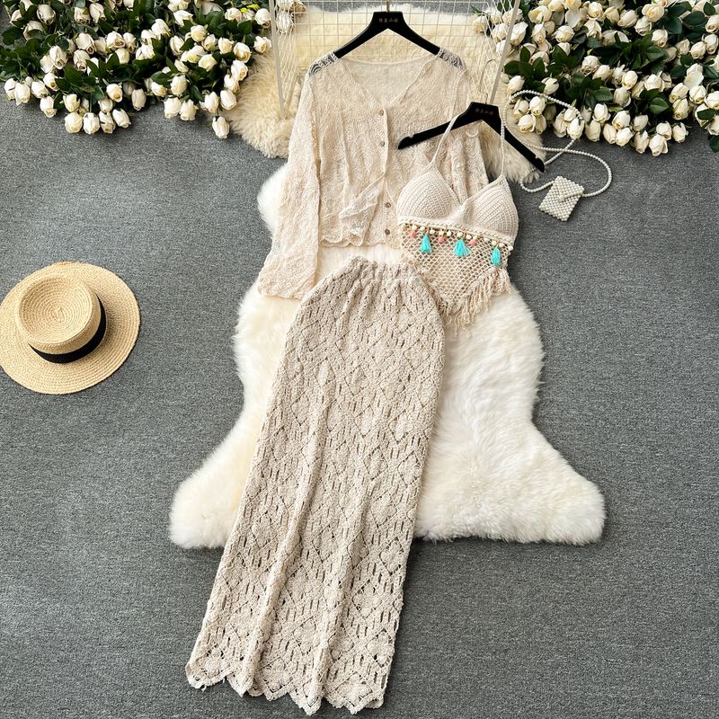 

Vacation Style Suit Women s Retro Tassel Halter Spaghetti Straps Vest Cardigan Inverness Slim Skirt Three-Piece Set Apricot color One size
