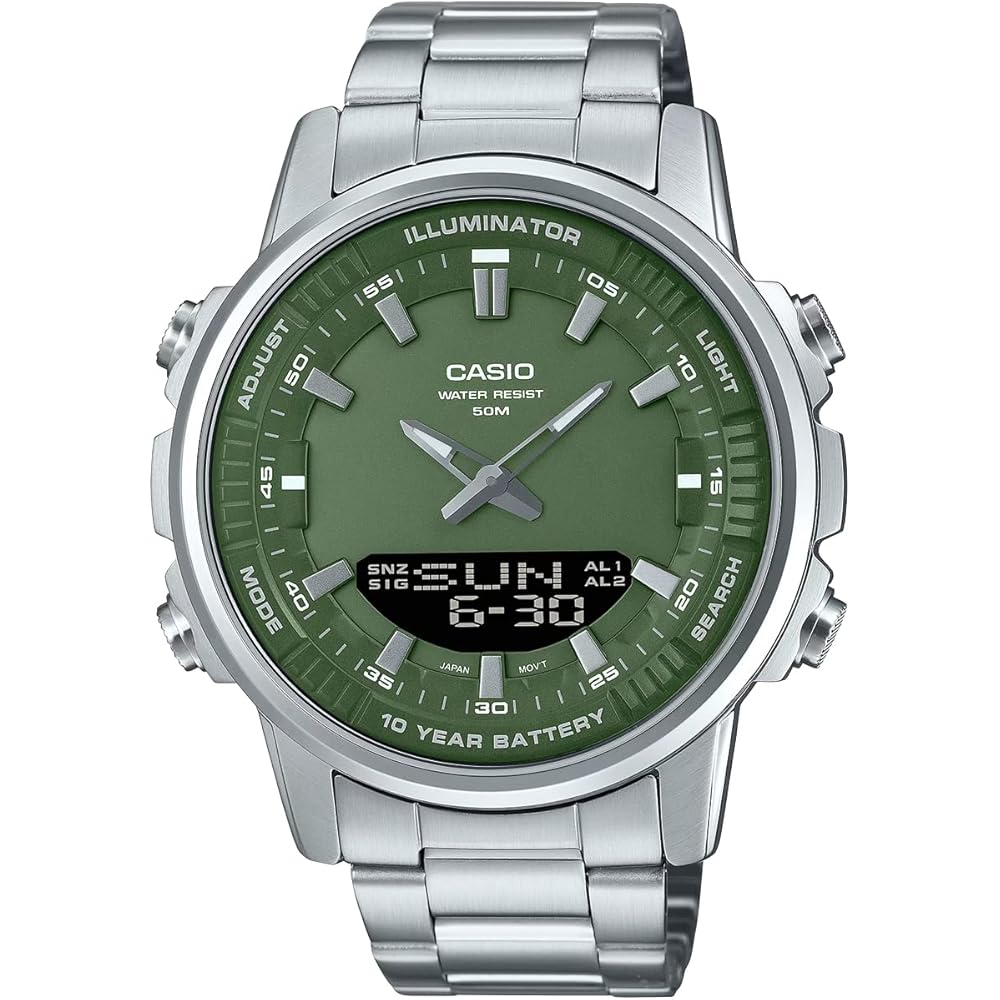 Casio World Time Analog-Digital Quartz Men s Watch AMW-880D-3AV Dark Green Metal Band