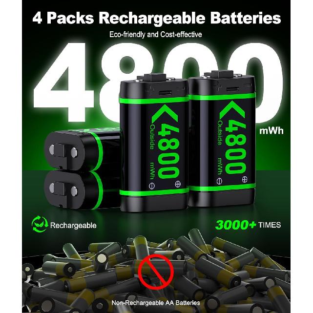 Upgraded Fast Charging Rechargeable Battery Packs with Light Control, 4 X 4800mWh Xbox Controller Batteries with Battery Charging Dock/Station for