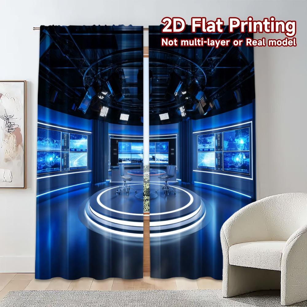 2pcs, 2D FLAT PRINTING Curtains (Without Rod) Studio Blue Popular Contemporary Curtains Versatile Polyester Curtains Decorations