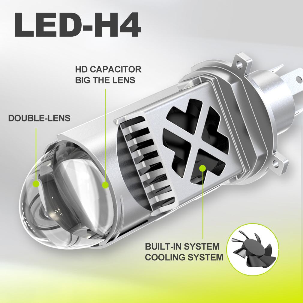 2 szt. Żarówki LED H4 z podwójną soczewką Mini Projektor LED 9003 HB2 Reflektor Samochodowy i Motocyklowy Światło Drogowe/Mijania LHD 90000LM 100W 6500K Białe Plug& Play