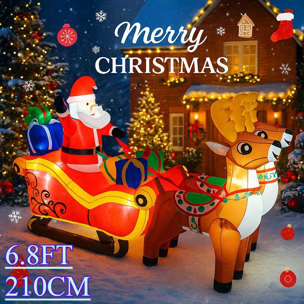 6.8FT Xmas Holiday Inflatable Yard Decor Santa Sleigh with Reindeer LED Christmas Toy Home Decorations Supplies Ornament Gift