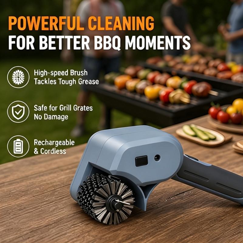 Rechargeable Electric Barbecue Brush with Wide Wire Head, Handheld Form and Detachable Brush Head for Outdoor Cooking Care After Cooking