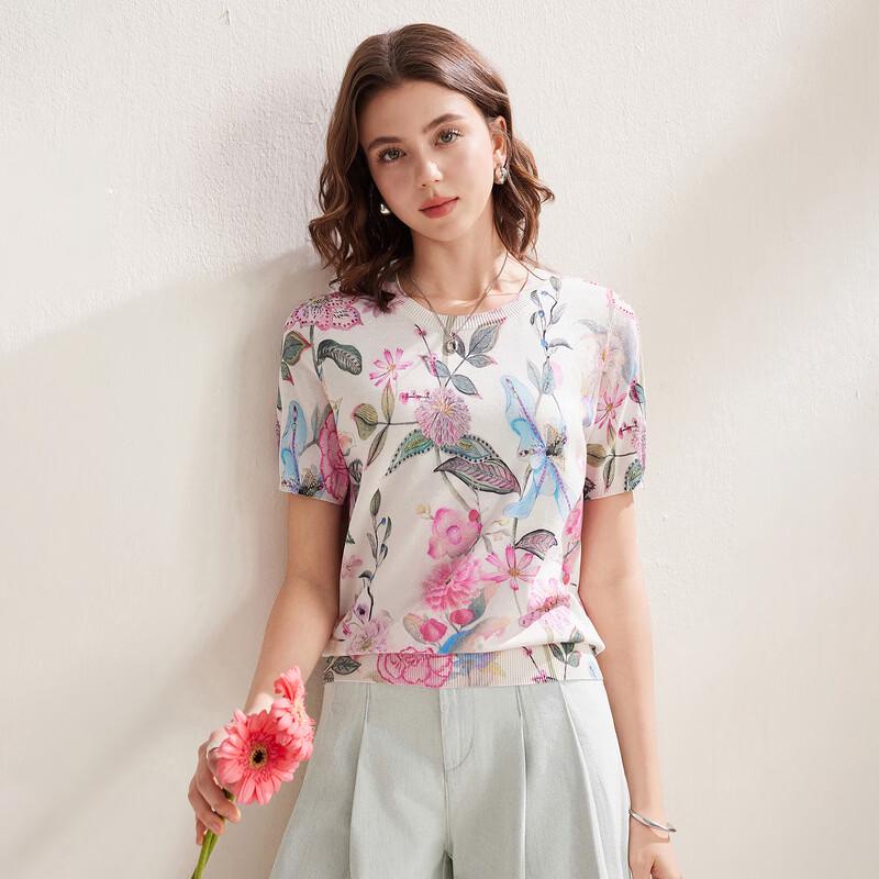 Zhaojun Women's Floral Print Round Neck Silk Blend Knit T-shirt
