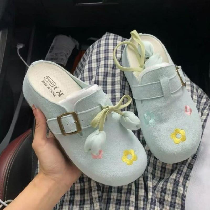 Fashion Sweet Detachable Lace Up Flower Decoration Close Toe Slides Women Summer Round Toe Soft Sole Slippers Fashion Outdoor Slippers