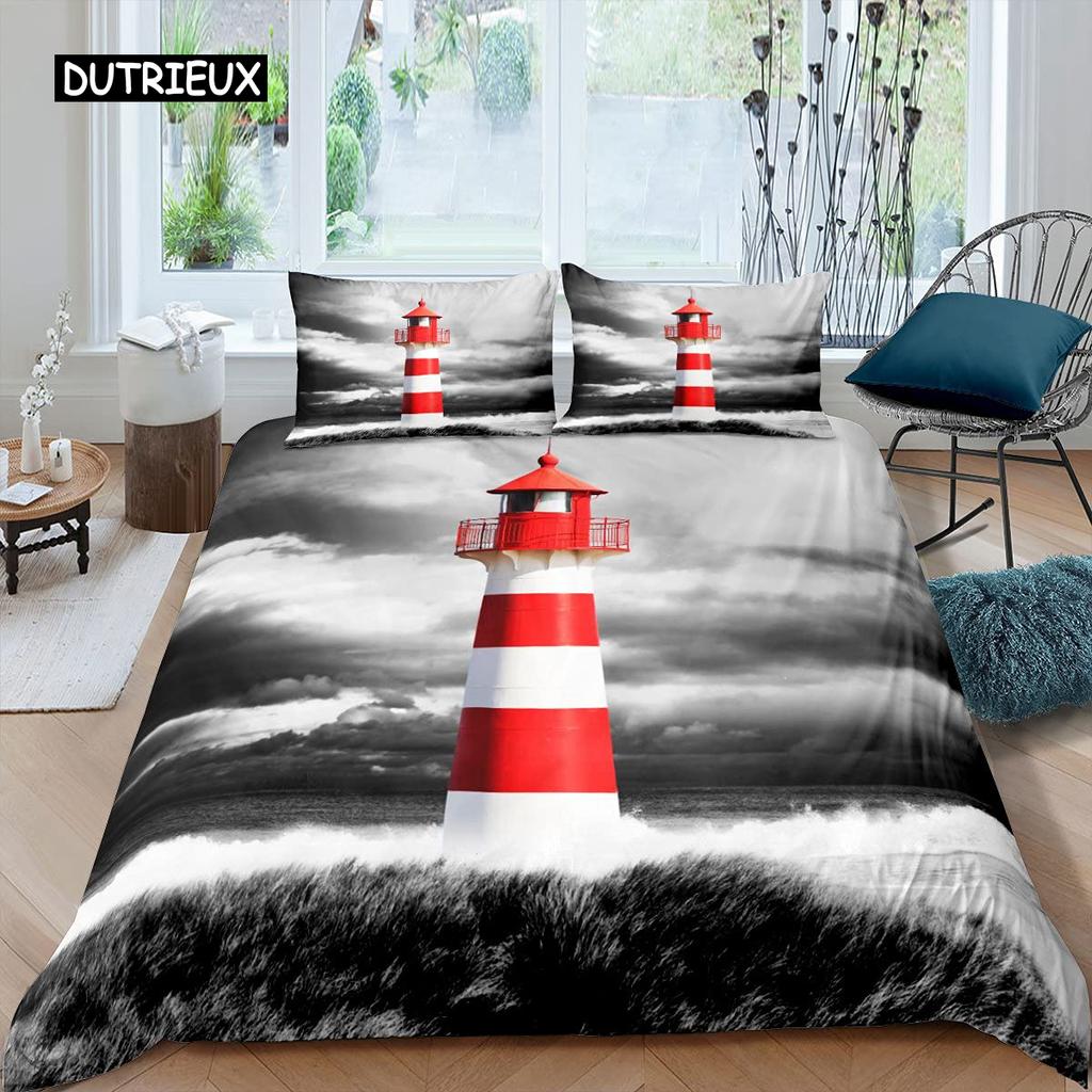 Lighthouse Duvet Cover Set Nautical Surfing Ocean Wave Bedding Set Queen Polyester Coastal Nature Theme Quilt Cover for Kids Boy