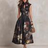 Black Floral Print Sleeveless Cheongsam Dress with High Collar and Side Slit