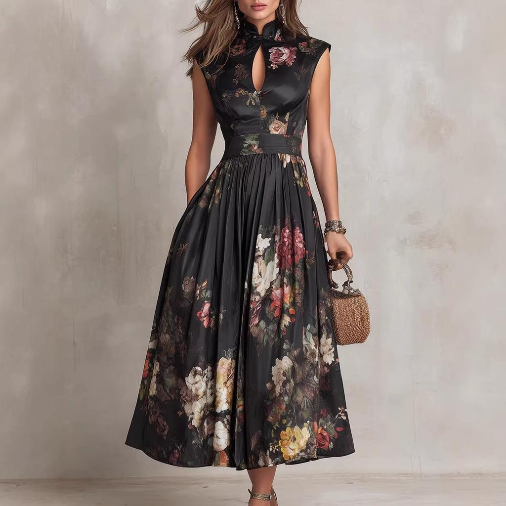Black Floral Print Sleeveless Cheongsam Dress with High Collar and Side Slit
