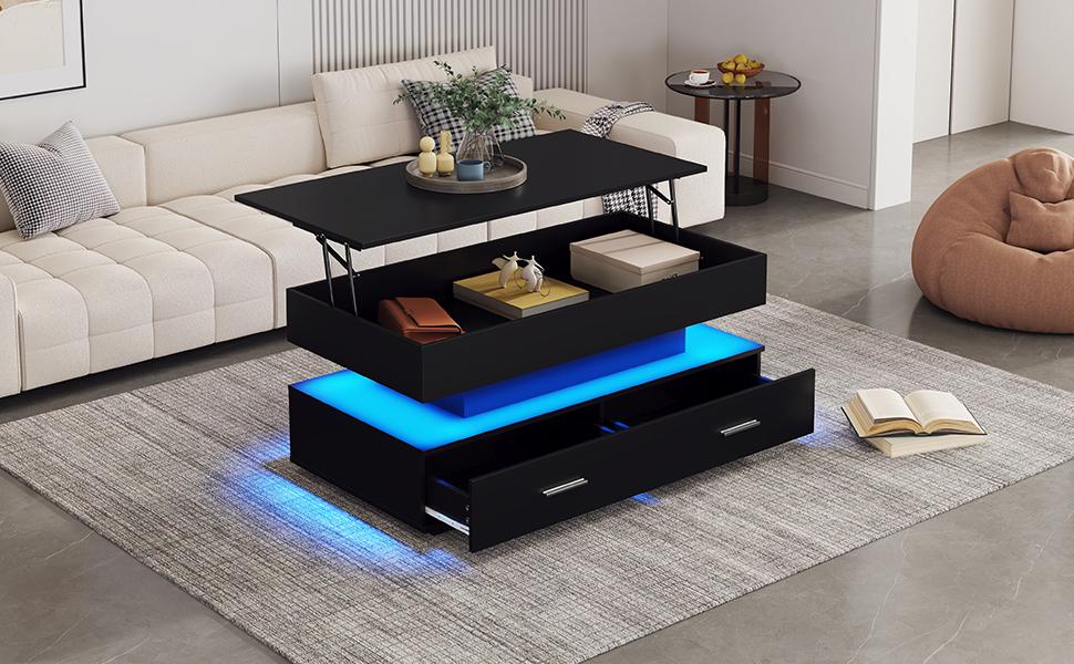 100*50*44cm Hydraulic Height-adjustable Coffee Table, with LED Lighting, Bluetooth App Control, 2 Drawers and Open Storage, Black Liftable