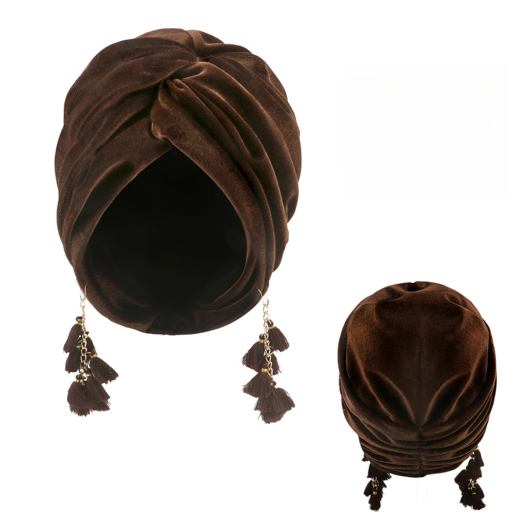 

Новая весенняя женская богемная велюровая чалма с кисточкой, повязка на голову, шапка, европейский американский ретро-стиль, бохо, крестообразная шапка-бини кофейный