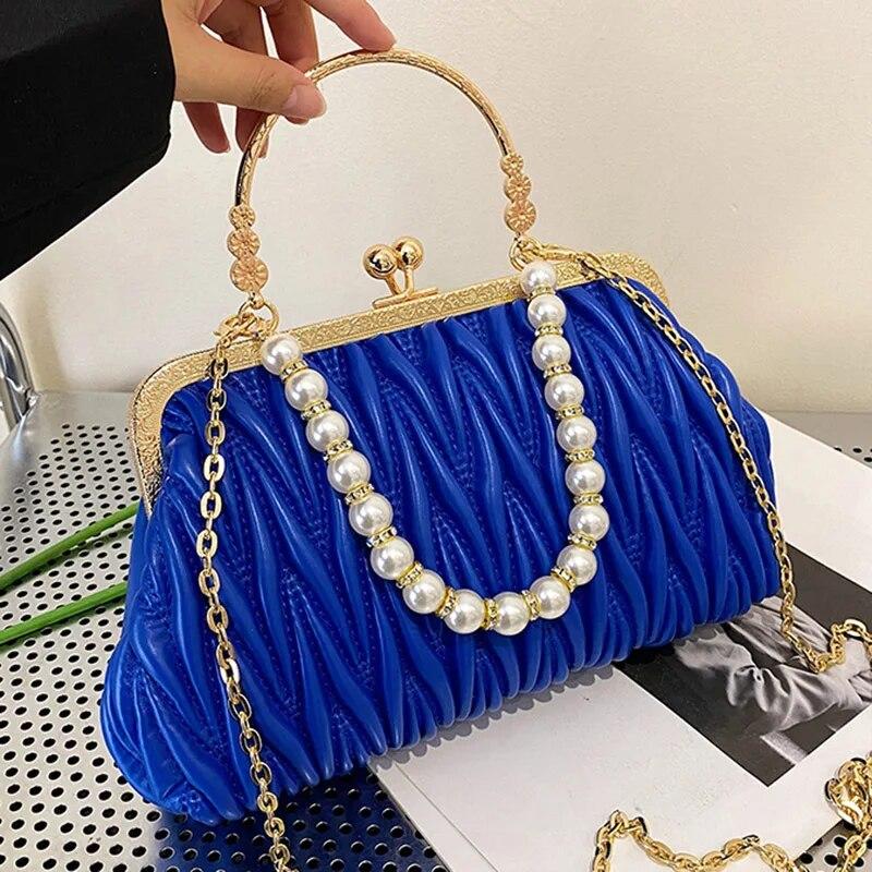 Fashion Women Orange Green Shoulder Bags Prom Clutch Pearl Chain Crossbody Bags Female Chic Totes Pu Leather Handbags And Purse