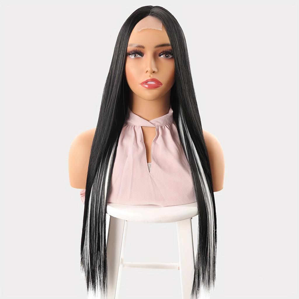 Hitzebeständige dunkelbraune Lace-Front-Perücke, Kunsthaar-Perücke mit glattem Haar und natürlichem Teil für Damen, Cosplay und den Alltag