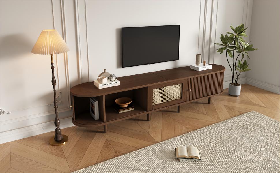 Oval TV Stand In Dark Walnut, Rattan Design - 180 Cm MDF Design, Adjustable Feet, 30 Kg Load Capacity
