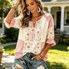 Women's Daisy Floral Print Color Block Tie Neck Blouse, Ruffle Cuff Half Sleeve Fresh Top for Spring Daily Wear