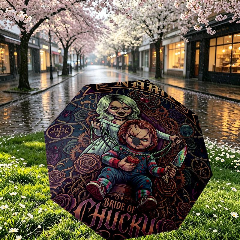 Custom Name Personalized Horror Theme Chucky Print Umbrella, Auto Open Close, 8‑Rib Sturdy Frame, Commute Camping Hiking Use, Birthday Gift