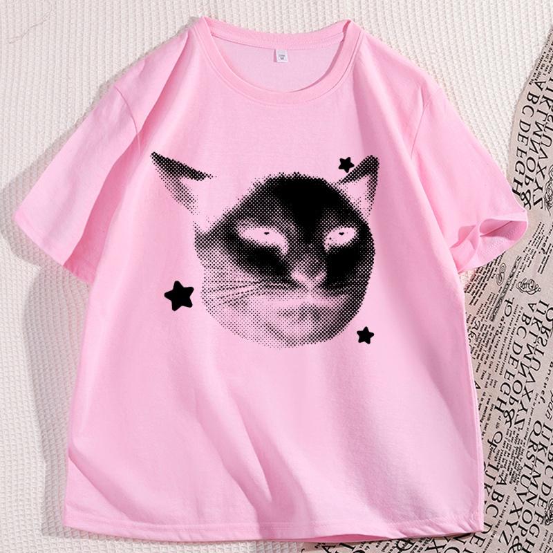 Vintage Graphic Cat Tee Casual Funny Y2k Cats Lover T Shirts 90s Retro Cotton Short Sleeve Tee Shirt Man Clothing Streetwear