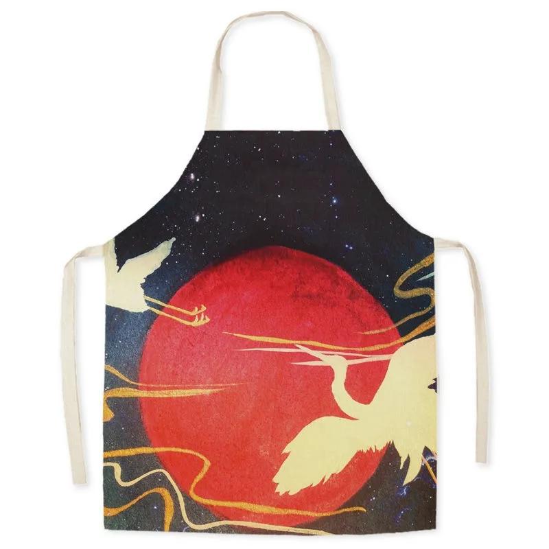 Retro Chinese crane pattern linen apron home cleaning anti-oil bib kitchen adult cooking baking sleeveless apron
