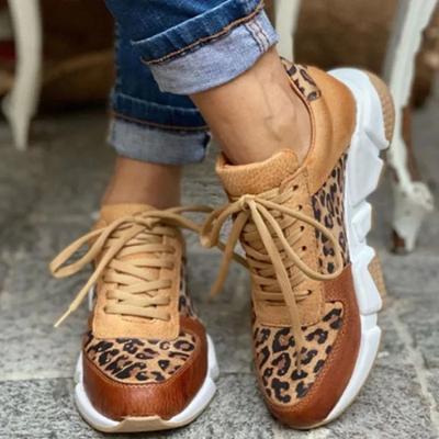 Leopard Damen Freizeitsneakers Komfort Plateau Schnürschuhe Damen Laufschuhe Mode Runde Zehenpartie Farbpassend Damen Sportschuhe