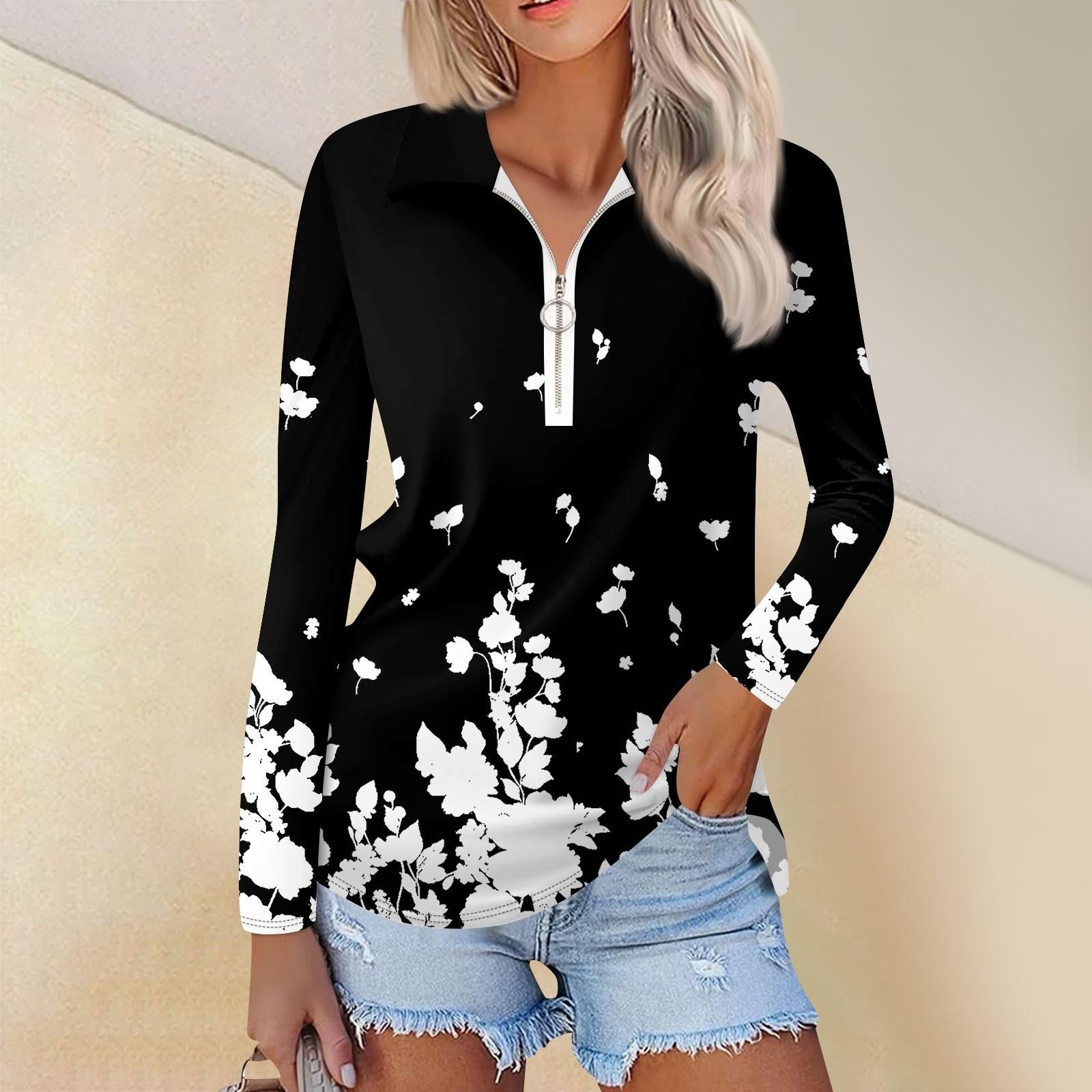 

Женская весенняя и модная повседневная рубашка с принтом на молнии с V-образным вырезом и длинным рукавом M чёрный
