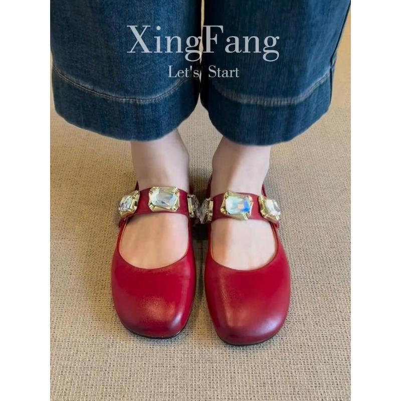 Super Soft Sheepskin Rhinestone Word with Square Head Mary Jane Shoes Women's New Versatile Leather Light Mouth Flat Sole Shoes