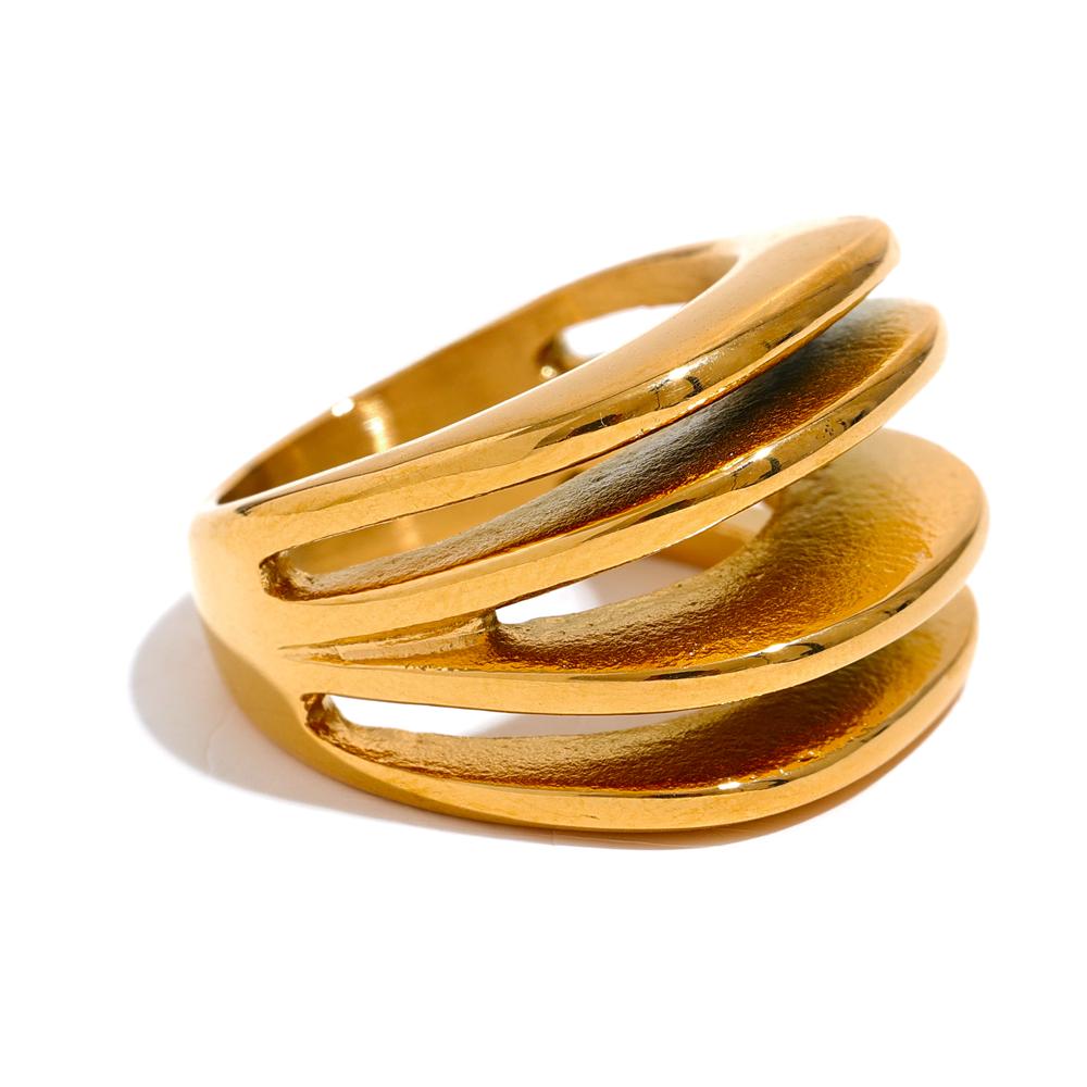 

Yhpup 316l Stainless Steel Geometric Hollow Layered Wide Ring Charm Metal 18K Gold Plated Statement Women Jewelry Waterproof 6