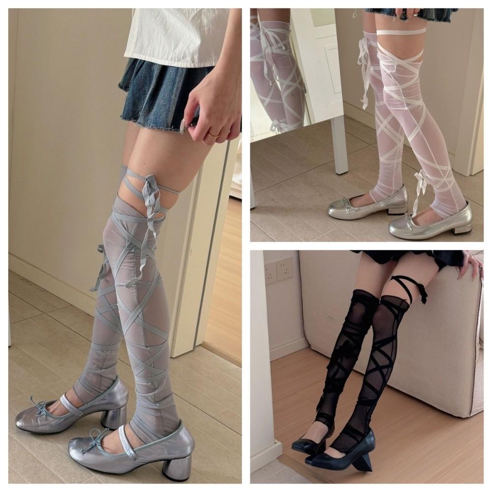 Casual Balletcore Tie-up Stockings Stripe Elastic Sheer Long Socks Transparent Breathable Thigh-high Leg Warmers Girl