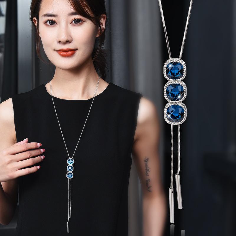 Women Snake Chain Pendant Necklaces Sweater Chain Crystal Long Tassel Necklace Accessories